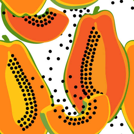 Vector seamless pattern with papaya fruits. Colorful hand drawn repeatable background. Papaya halves with seeds backdrop.のイラスト素材