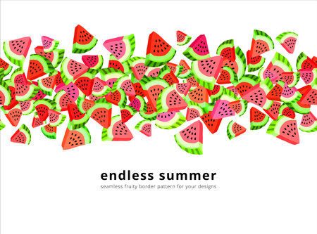 Vector seamless border pattern with watermelon slices. Colorful hand-drawn repeatable horizontal...