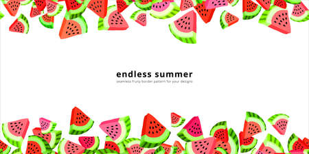 Vector seamless border pattern with watermelon slices. Colorful hand-drawn repeatable horizontal background. Summer fruits with seeds backdrop.のイラスト素材