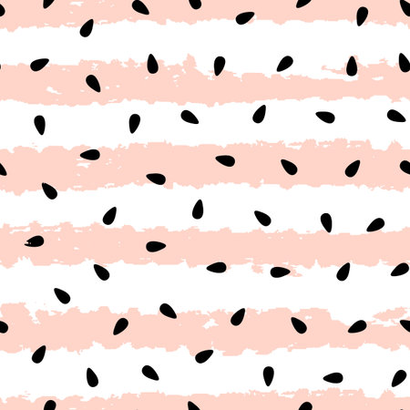 Vector seamless pattern with watermelon seeds and pink painted stripes. Colorful hand-drawn...