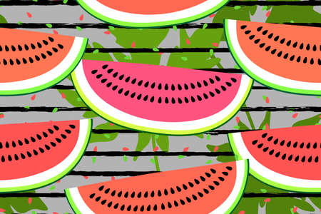 Vector seamless pattern with watermelon slices. Colorful hand-drawn repeatable background. Summer fruits with seeds, leaves and stripes backdrop.のイラスト素材