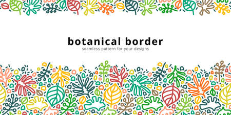 Vector seamless border pattern with botanical elements. Floral linear modern background. Horizontal card template with copy space.のイラスト素材