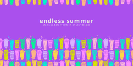 Horizontal bright color seamless border pattern with various bright to go cups in bottom part for...