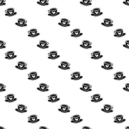 Vector seamless patten with hand drawn cup of coffee or tea cup and hearts. Simple monochrome background.のイラスト素材