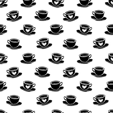 Vector seamless patten with hand drawn cup of coffee or tea cup and hearts. Simple monochrome background.のイラスト素材