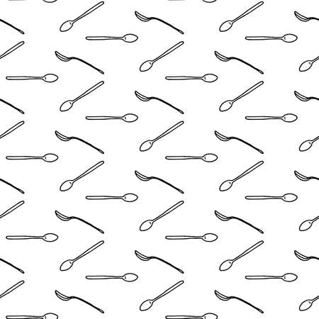 Vector seamless patten with hand drawn linear tea spoons. Simple monochrome background.のイラスト素材