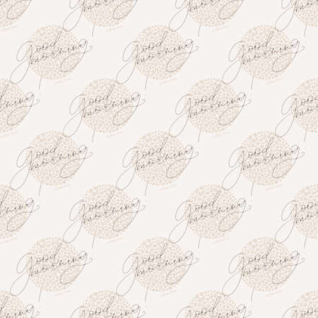 Vector seamless pattern with hand written good morning words and coffee beans filling the circles. Light beige color coffee theme background.のイラスト素材