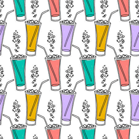 Hand drawn seamless pattern with icy glasses with straws and bubbles. Colorful background.のイラスト素材