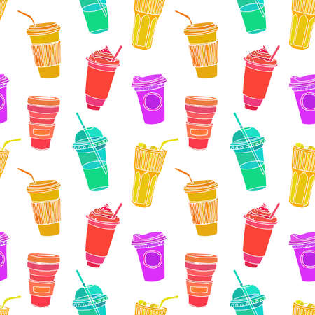 Hand drawn seamless pattern with to go cups and glasses various shapes bright colors. Bright summer funny repeatable backdrop.のイラスト素材