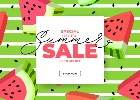 Summer sale special offer horizontal banner with watermelon slices. Vector template for sales,...