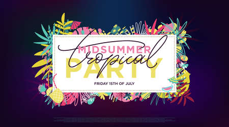 Vector banner with color tropical leaves and white boart with text. Botanical design for tropical night party, wedding invitation, cosmetics, spa, beauty salon. Horizontal party invitation template.のイラスト素材