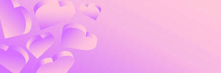 Horizontal banner with 3D isometric pink hearts. Place for text. Happy Valentines day marketing template with pink gradient.のイラスト素材