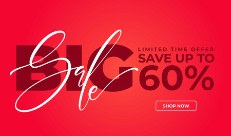 Horizontal sale vector banner template. Red color marketing template with words big sale, limited time offer, save up to 60 percent and button shop now.のイラスト素材