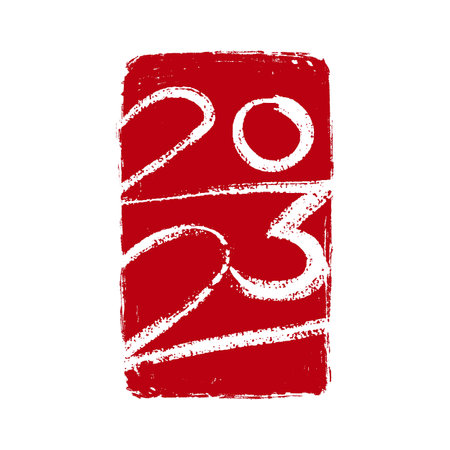 2023 vector hand-drawn numbers vertical composition on red stamp-like background. 2023 number design...