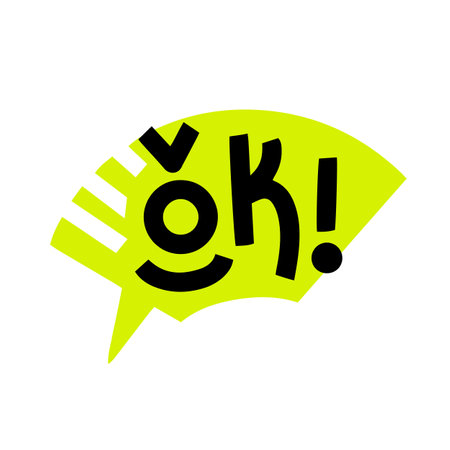 Ok word bold hand lettering on yellow speech bubble background. Vector clip-art for social media, posters, stickers, greeting materials.のイラスト素材