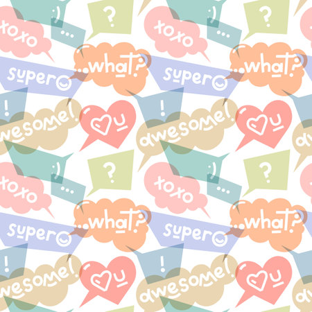 Vector seamless pattern with pastel color transparent speech bubbles with words and symbols. Repeatable backdrop with call out shapes. Communication concept for social media, stickers, posters.のイラスト素材