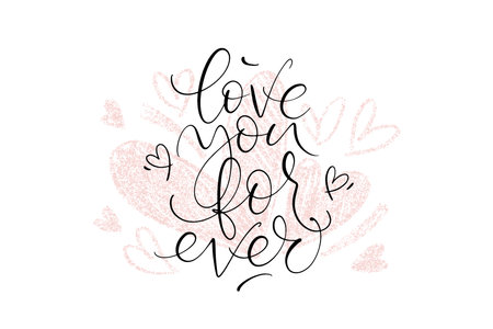 Love you forever thin elegant lettering romantic quote on pencil drawn hearts background. Valentins day card. Vector illustration.のイラスト素材