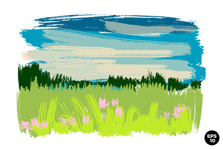 Wax crayon naive hand drawn grass meadow with blue sky with clouds. Vector pastel chalk background banner. Horizontal landscapecolorful backdrop.のイラスト素材