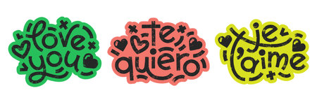 Love you, te quiero, je taime words bold lettering colorful sticker set. Vector modern typography compositions with texture effect. Common slogans label collection.のイラスト素材