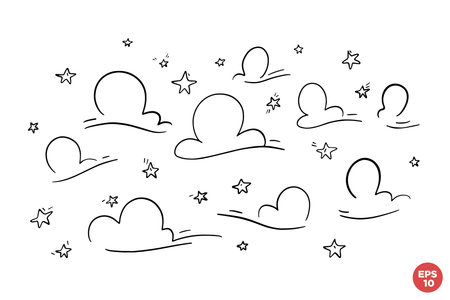 A set of linear clouds and stars on a white isolated background. Vector hand dtawn ink elements set. One color clip-art.のイラスト素材
