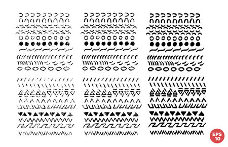 Marker drawn scribble square composition vector set. Childish geometric drawing. Hand draws tribal style compositions. Monochrome graphic design elements set.の写真素材