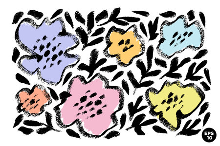Vector set of ink drawing wild flowers, artistic botanical illustration, isolated floral elements, hand drawn illustration.のイラスト素材