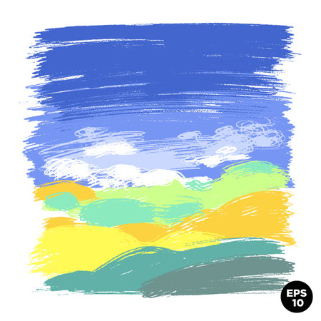 Wax crayon naive hand drawn grass meadow hills with blue sky. Vector pastel chalk background banner. Square landscape colorful backdrop.の写真素材