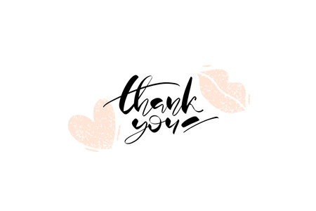 Thank you lettering. Ink hand written phrase with textured lips and heart icons. Vector design for cards, stickers, banners, social media, prints.のイラスト素材