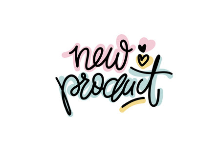 New product script modern lettering with hearts and colored layers on the background. Vector design for stickers, social media, cards, banners.のイラスト素材