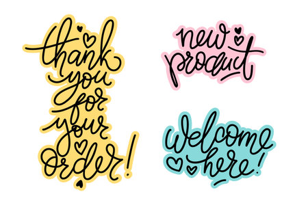 Vector set of common words for social media. Modern calligraphy phrases such as thank you for your order, new product, welcome here. Designs for web, prints, banners.のイラスト素材