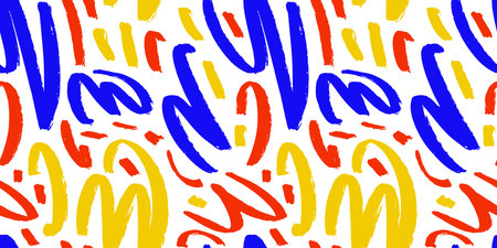 Marker drawn scribble abstract seamless pattern. Childish drawing. Hand draws calligraphy swirls for background. Curly brush strokes, marker scrawls as graphic design wallpaper.のイラスト素材