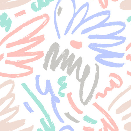 Pastel subtle color hand drawn scribble abstract seamless pattern. Vector childish drawing. Curly strokes, muted colors marker scrawls as graphic design wallpaper.のイラスト素材