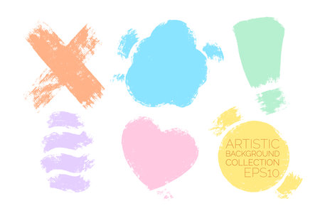 Shapes design elements set. Textured painted vector backdrops such as cross, exclamation point, cloud, heart, waves and circle. Artistic clip art collection.のイラスト素材