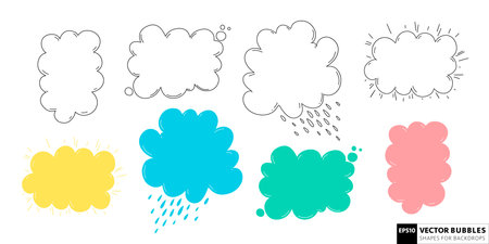 Hand drawn speech bubble shape set. Linear and filled shapes for quotes, stickers. Vector cartoon style object set.のイラスト素材