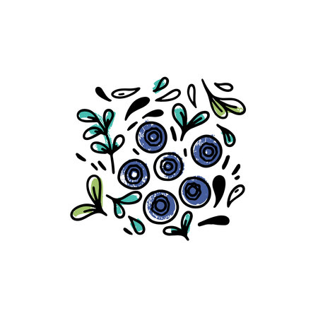 A set of hand drawn berries with leaves and drops on a white background. Blueberries hand drawn icons. Naive drawings composition.のイラスト素材