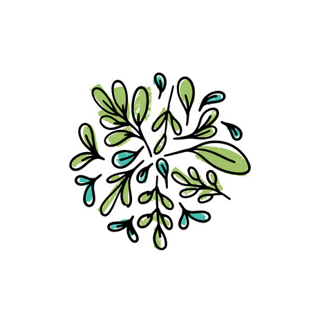 A set of hand drawn leaves and drops on a white background. Botanical composition. Vector floral artistic elements.のイラスト素材