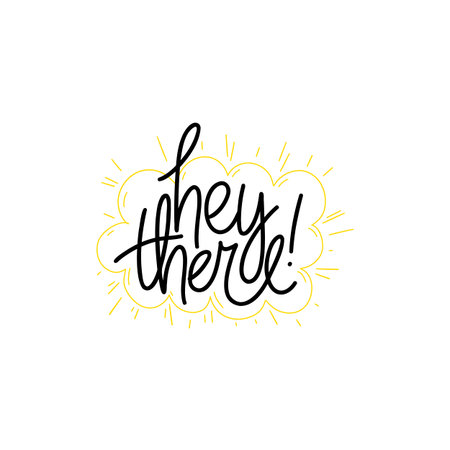 Phrase Hey there on linear sunny cloud background. Modern vector lettering phrase for web, cards, prints, banners. Common words script hand writting vector design.のイラスト素材