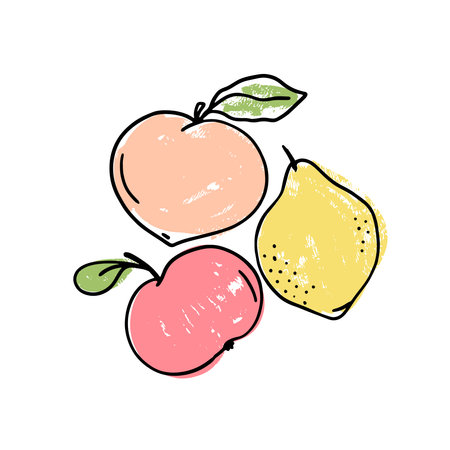 Vector set of hand drawn fruits with leaves on a white background. Apple, lemon and peach hand drawn icons. Naive drawings composition.のイラスト素材