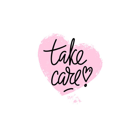 Phrase take care with heart shape exclamation point on textured heart shape background. Modern vector lettering phrase for web, cards, prints, banners. Common words script hand writting vector design.のイラスト素材