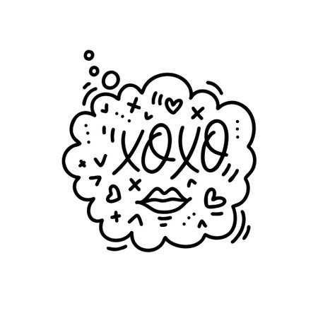 Hand drawn vector word xoxo in speech bubble with elements. One color lettering design for posters, stickers, t-shirts, cards, invitations, stickers, banners, advertisement.のイラスト素材
