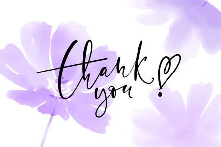 Thank you horizontal vector card. Hand drawn greetings lettering. Modern thin script lettering on watercolor flowers background.のイラスト素材