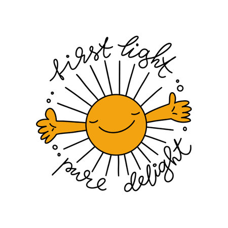 First light pure delight cute illustration with the sun smiling face. Modern lettering composition. Vector design for stickers, social media, banner, prints.のイラスト素材