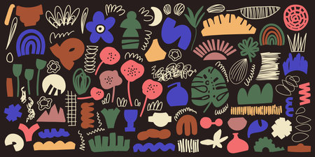 Set of hand drawn various shapes and doodle objects silhouettes. Abstract contemporary modern trendy vector illustrations. Coloful palette. All elements are isolated.のイラスト素材