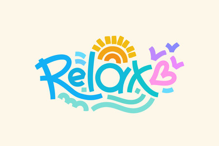 Relax horizontal card. Motivational word with the sun, hearts and waves composition. Template for stickers, banners, social media, posters.のイラスト素材