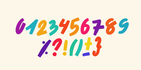 The numbers and commonly used marks and symbols in fun cartoon flat style. Vector figures set form zero to nine with question mark, exclamation point, plus, minus marks, brackets and percent sign.のイラスト素材