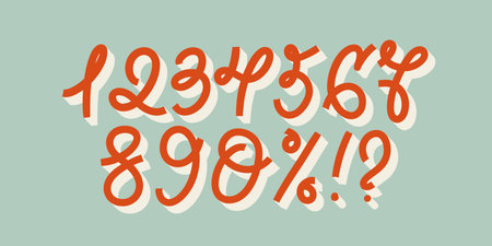 The numbers and commonly used marks and symbols in vintage cartoon style. Vector figures set form zero to nine with question mark, exclamation point and percent sign.のイラスト素材