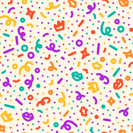 Confetti seamless pattern. Geometric background with different geometric shapes. Memphis seamless confetti pattern. Bright and colorful, 90s style. Vector background.のイラスト素材