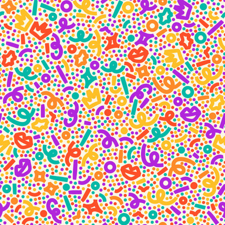 Confetti seamless pattern. Geometric background with different geometric shapes. Memphis seamless confetti pattern. Bright and colorful, 90s style. Vector background.のイラスト素材