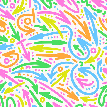 Cute kids arrows vector seamless pattern. Hand drawn doodle wavy and curve pointer elements bright highlighters colors. Funny repeatable abstract background.のイラスト素材