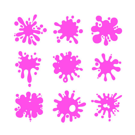 Liquid shapes, frames with uneven wavy edge set, collection. Paint or bubble gum stains, rounded blot with splashes, drops, blobs, droplets. Design elements, backgrounds.のイラスト素材